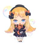  1girl abigail_williams_(fate/grand_order) bangs black_bow black_dress black_footwear black_hat blonde_hair bloomers blue_eyes blush bow bubble bug butterfly chibi closed_mouth commentary_request dress eyebrows_visible_through_hair fate/grand_order fate_(series) full_body hair_bow hat highres insect long_hair long_sleeves looking_at_viewer object_hug orange_bow parted_bangs simple_background sleepshee sleeves_past_fingers sleeves_past_wrists smile solo standing stuffed_animal stuffed_toy teddy_bear underwear very_long_hair white_background white_bloomers 