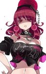  1girl arm_at_side bangs bare_shoulders black_shirt breasts chains cleavage clothes_writing collar collarbone eyebrows_visible_through_hair eyelashes frown hand_on_hip hecatia_lapislazuli highres large_breasts lips long_hair looking_at_viewer navel pink_lips pointy_ears polos_crown raptor7 red_earrings red_eyes redhead shaded_face shirt simple_background skull_collar solo spiked_collar spikes touhou upper_body waist white_background 