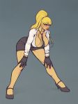  1girl alternate_costume bangs bent_over between_breasts black_gloves black_skirt blonde_hair breasts cleavage commentary english_commentary glasses gloves grey_background hands_on_own_knees high_heels highres huge_breasts kolin lips necktie necktie_between_breasts no_bra nose open_clothes open_shirt panties pantyshot pantyshot_(standing) pencil_skirt ponytail skirt solo standing stepan_kovalevich street_fighter street_fighter_iii_(series) street_fighter_v thick_thighs thighs underwear white_panties 