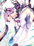 1girl ass azur_lane black_ribbon blush bracelet breasts chains crown hair_ornament high_ponytail highres holding holding_spear holding_weapon javelin_(azur_lane) jewelry looking_at_viewer mini_crown neme1228 one_eye_closed open_mouth panties polearm ponytail purple_hair ribbon shirt sleeveless sleeveless_shirt solo spear thigh-highs underwear weapon white_panties 