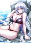  1girl abe_inori ahoge bikini black_bikini blonde_hair breasts choker cleavage commentary_request eyebrows_visible_through_hair fate/grand_order fate_(series) hair_between_eyes jeanne_d&#039;arc_(alter_swimsuit_berserker) jeanne_d&#039;arc_(fate)_(all) large_breasts long_hair looking_at_viewer navel o-ring ocean outdoors rock sky solo swimsuit yellow_eyes 