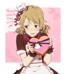  1girl 2017 apron brown_eyes catgirl0926 chocolate chocolate_heart drill_hair happy_valentine hat heart idolmaster idolmaster_cinderella_girls light_brown_hair looking_to_the_side mini_hat morikubo_nono nervous open_mouth smile solo sweetches upper_body valentine waist_apron wavy_mouth wrist_cuffs 