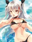  1girl alternate_costume antenna_hair azur_lane bangs bikini black_bikini black_ribbon blush breasts brown_eyes day eyebrows_visible_through_hair flag_print food german_flag_bikini groin hair_between_eyes holding holding_food innertube large_breasts long_hair looking_at_viewer multicolored_hair navel ocean open_mouth outdoors popsicle prinz_eugen_(azur_lane) redhead ribbon rupe_paperu sidelocks silver_hair smile solo stomach streaked_hair swimsuit tongue tongue_out two_side_up very_long_hair 