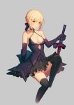  1girl artoria_pendragon_(all) bare_shoulders black_bow blonde_hair bow braid breasts choker cleavage collarbone elbow_gloves fate/grand_order fate_(series) gloves hair_bow no_bra saber_alter simple_background sitting solo soulkiller sword thigh-highs weapon yellow_eyes 