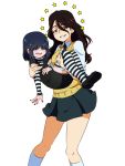  2girls black_hair black_nails black_skirt brown_eyes brown_hair carrying fangs grin hair_between_eyes hair_over_eyes highres jcm2 long_hair lucy_loud miniskirt multiple_girls nail_polish necktie open_mouth original princess_carry shirt skirt smile star striped striped_legwear striped_shirt sweater_vest the_loud_house thigh-highs 