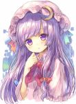  1girl blue_bow blue_ribbon blush bow crescent crescent_moon_pin eyebrows_visible_through_hair heart heart-shaped_pupils long_hair looking_at_viewer patchouli_knowledge pjrmhm_coa purple_hair raised_eyebrows red_bow red_neckwear red_ribbon ribbon symbol-shaped_pupils touhou upper_body very_long_hair violet_eyes 