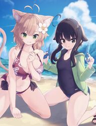  2girls ahoge animal_ears antenna_hair bangs beach bikini black_sweater blue_sky blurry blurry_background breasts brown_eyes brown_hair cat_ears cat_girl cat_tail cleavage closed_mouth clouds commentary_request day depth_of_field dual_wielding eyebrows_visible_through_hair finger_on_trigger floral_print flower food green_jacket hair_between_eyes hair_flaps hair_flower hair_ornament holding holding_food hood hood_down hooded_jacket horizon ice_cream jacket kneeling large_breasts light_brown_hair long_hair long_sleeves looking_at_viewer multiple_girls natsuki_teru navel nekomiya_ryuu ocean old_school_swimsuit one-piece_swimsuit open_clothes open_jacket original outdoors print_bikini red_bikini sand school_swimsuit shikibe_ayaka side-tie_bikini sidelocks sky smile sweater swimsuit tail tail_raised water water_gun white_flower 