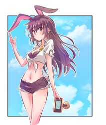  1girl animal_ears breasts brown_eyes brown_hair bunny_girl bunny_tail camera cleavage denim denim_shorts highres iesupa long_hair midriff navel rabbit_ears rwby short_shorts shorts solo tail velvet_scarlatina 