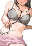  1girl arm_support blush bra breasts brown_hair cleavage head_out_of_frame medium_breasts navel nishizawa open_mouth original shibari shibari_over_clothes solo string sweatdrop underwear white_background 