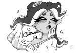  2girls blush closed_eyes commentary domino_mask english_commentary fang grey_background greyscale hime_(splatoon) iida_(splatoon) imminent_bite looking_at_another mask mole mole_under_mouth monochrome multiple_girls namuro off_shoulder open_mouth splatoon splatoon_2 tentacle_hair trembling upper_body white_background yuri 