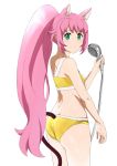  1girl absurdres animal_ear_fluff animal_ears ass bikini cat_ears cat_tail from_behind green_eyes gundam gundam_build_divers highres long_hair looking_back momo_(gundam_build_divers) pink_hair ponytail shower_head showering smile solo swimsuit tail tonotyama very_long_hair yashiro_momoka yellow_bikini yellow_swimsuit 