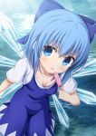  1girl :p blue_bow blue_dress blue_eyes blue_hair bow breasts cirno commentary_request downblouse dress eyebrows_visible_through_hair eyes_visible_through_hair food hair_bow highres ice ice_wings looking_at_viewer morokoshi_(tekku) popsicle short_hair short_sleeves small_breasts smile solo tongue tongue_out touhou water wings 