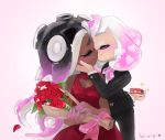  2girls artist_name ava-riel blush bouquet buttons cleavage_cutout closed_eyes commentary crossdressinging dark_skin domino_mask dress english_commentary face-to-face facing_another flower formal hand_on_another&#039;s_cheek hand_on_another&#039;s_face heart heart-shaped_buttons hime_(splatoon) holding holding_bouquet iida_(splatoon) kiss long_sleeves mask multiple_girls pinstripe_suit red_dress red_flower red_rose rose sleeveless sleeveless_dress smile sparkle splatoon splatoon_2 striped suit tentacle_hair tuxedo valentine yuri 