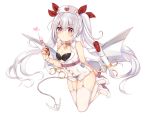  1girl azur_lane bandage bandaged_arm bandages bangs bare_arms bare_shoulders bat_wings black_bikini_top breasts chains choker cleavage closed_mouth collarbone dress eyebrows_visible_through_hair full_body garter_straps grey_wings hair_between_eyes hair_ribbon hat heart high_heels holding holding_syringe long_hair looking_at_viewer low_wings metal_wings nurse_cap red_choker red_eyes red_ribbon ribbon shikino_(sikinonono) silver_hair simple_background sleeveless sleeveless_dress small_breasts solo syringe thigh-highs twintails vampire_(azur_lane) very_long_hair white_background white_dress white_footwear white_hat white_legwear wings 