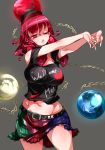  1girl absurdres belt breasts chains cleavage clothes_writing commentary_request cracking_knuckles detached_sleeves earth_(ornament) frilled_skirt frills grey_background half-closed_eyes hecatia_lapislazuli highres hips large_breasts midriff miniskirt moon_(ornament) multicolored multicolored_clothes multicolored_skirt navel navel_piercing one_eye_closed open_mouth outstretched_arms piercing raptor7 red_eyes redhead short_sleeves skirt thighs touhou 