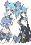  2girls armor blue_eyes blue_hair blush breasts dark_skin eyepatch large_breasts long_hair looking_at_viewer mikumari_(xenoblade) multiple_girls pauldrons polearm seori_(xenoblade) short_hair simple_background smile weapon white_background xenoblade_(series) xenoblade_2 yukara-msma 