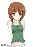  1girl bangs breasts brown_eyes brown_hair collarbone commentary dated eyebrows_visible_through_hair flipper girls_und_panzer green_shirt looking_at_viewer medium_breasts midriff military military_uniform navel nishizumi_miho ooarai_military_uniform parted_lips pleated_skirt shirt short_hair simple_background skirt solo standing tank_top twitter_username uniform upper_body white_background white_skirt 