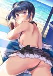  1girl ass beach bikini black_bikini black_hair blush breasts day eyebrows_visible_through_hair hair_bun highres long_hair looking_at_viewer looking_back lotion love_live! love_live!_sunshine!! lying ocean open_mouth sand side_bun solo sunscreen swimsuit thighs tipii towel tsushima_yoshiko under_boob violet_eyes 