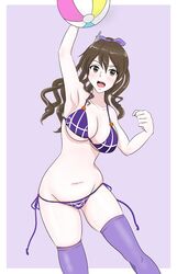  1girl armpits ashigara_(kantai_collection) ball bare_shoulders beachball bikini border breasts brown_eyes brown_hair cleavage fang groin hair_between_eyes highres kantai_collection large_breasts long_hair navel osage_gankyou outside_border purple_background side-tie_bikini skindentation swimsuit thigh-highs thighs white_border 