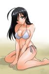  1girl ahoge bangs barefoot bikini black_eyes black_hair dated full_body girls_und_panzer gradient gradient_background isuzu_hana kneeling long_hair looking_at_viewer matsui_yasutsugu side-tie_bikini signature smile solo swimsuit white_background white_bikini 