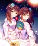  2girls aerial_fireworks ancotaku back_bow bangs blue_flower blurry blurry_background blush bow brown_eyes brown_hair candy_apple closed_mouth commentary_request depth_of_field eyebrows_visible_through_hair fan fireworks floral_print flower food hair_between_eyes hair_flower hair_ornament head_tilt idolmaster idolmaster_shiny_colors japanese_clothes kimono long_hair long_sleeves multiple_girls obi oosaki_amana oosaki_tenka paper_fan pink_kimono print_kimono purple_bow sash siblings side_ponytail signature sisters sitting smile twins wide_sleeves 