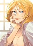  1girl 302 alternate_breast_size blonde_hair blue_eyes breasts chin_rest cleavage dated gundam highres large_breasts sayla_mass short_hair solo sunlight twitter_username upper_body window zeta_gundam 