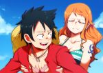  1boy 1girl absurdres bikini black_eyes black_hair blue_sky chest_scar clouds collarbone commission earrings facial_scar frown green_bikini half-closed_eyes hat hat_around_neck hat_removed headwear_removed highres jcm2 jewelry monkey_d_luffy nami_(one_piece) one_piece open_mouth orange_eyes orange_hair scar scar_on_cheek sky smile swimsuit tattoo 