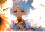  1girl absurdres blue_bow blue_dress blue_eyes blue_hair bow cirno dress eyebrows_visible_through_hair flower hair_bow highres holding holding_flower huge_filesize ke-ta leaf looking_at_viewer mouth_hold neck_ribbon petals pinafore_dress pink_flower puffy_short_sleeves puffy_sleeves red_neckwear red_ribbon ribbon scan shirt short_hair short_sleeves simple_background solo sunflower tan tanned_cirno touhou translation_request upper_body white_background white_shirt 
