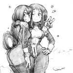  2girls :p ;) arm_around_shoulder asui_tsuyu bodysuit boku_no_hero_academia boots breasts commentary darren_geers frog_girl gloves heart highres hug long_hair low-tied_long_hair medium_breasts multiple_girls one_eye_closed sketch smile spoken_heart thigh-highs thigh_boots tongue tongue_out uraraka_ochako v 