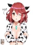  1girl animal_ears animal_print bell bell_collar blush breasts collar cow_bell cow_ears cow_print highres pyra_(xenoblade) j@ck jewelry large_breasts looking_at_viewer one_eye_closed red_eyes redhead short_hair simple_background smile solo tiara xenoblade_(series) xenoblade_2 