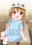  1girl :d bangs black_footwear blue_shirt blush boots brown_eyes brown_shorts cacao_(chocolat) character_name clothes_writing commentary_request eyebrows_visible_through_hair flat_cap hair_between_eyes hat hataraku_saibou highres light_brown_hair long_hair looking_at_viewer open_mouth platelet_(hataraku_saibou) round_teeth shirt short_shorts short_sleeves shorts smile solo teeth upper_teeth very_long_hair white_hat 