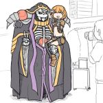  1girl ainz_ooal_gown armor blonde_hair camera carrying clementine_(overlord) cosplay garter_belt gloves highres jewelry knife_in_head minpou_(nhk) multiple_boys navel overlord_(maruyama) ring short_hair skeleton smile suitcase thigh-highs v 