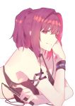 1girl absurdres alternate_hairstyle armband atianshi breasts cable choker crossed_arms digital_media_player fate/grand_order fate_(series) highres large_breasts looking_at_viewer lying nail_polish on_stomach ponytail purple_hair red_eyes scathach_(fate)_(all) scathach_(fate/grand_order) smile swimsuit white_background wristband 