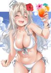  1girl bikini blue_sky blush breasts closed_eyes clouds cocktail cocktail_glass cup drinking_glass ebifurya eyebrows_visible_through_hair flower food fruit grey_hair hair_between_eyes hair_flower hair_ornament highres kantai_collection large_breasts long_hair open_mouth orange pola_(kantai_collection) sky smile solo sun swimsuit twitter_username white_bikini 