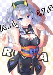  1girl absurdres alternate_costume bare_shoulders beret blue_eyes blush breasts character_name cleavage cleavage_cutout cosplay dress eyebrows_visible_through_hair hair_ornament hairclip hat highres kaguya_luna kaguya_luna_(character) kaguya_luna_(character)_(cosplay) kantai_collection kashima_(kantai_collection) kotoba_suzu large_breasts long_hair looking_at_viewer open_mouth ribbon sash silver_hair sleeveless solo twintails virtual_youtuber wavy_hair wrist_ribbon 