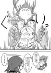  3girls camel_clutch chibi clenched_teeth coat comic commentary eyebrows_visible_through_hair folded_ponytail frown greyscale hair_between_eyes hair_ornament hairclip hairpin holding_another&#039;s_head inazuma_(kantai_collection) kantai_collection lightning_bolt lightning_bolt_hair_ornament long_hair long_sleeves low_twintails machinery meitoro monochrome multiple_girls neckerchief no_eyes open_mouth partially_submerged pleated_skirt pointy_ears rigging shinkaisei-kan shirayuki_(kantai_collection) short_twintails sidelocks skirt sleeves_past_fingers sleeves_past_wrists smokestack speech_bubble strangling sweat ta-class_battleship teeth translation_request turret twintails veins 