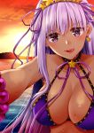  1girl :q asazuki_norito backlighting bangs bare_shoulders bb_(fate/extra_ccc) bead_bracelet beads bikini bikini_top blush bracelet breasts cleavage commentary_request dark_skin earrings evening eyebrows_visible_through_hair fate/grand_order fate_(series) hair_ornament hair_ribbon halter_top halterneck highres jewelry licking_lips long_hair looking_at_viewer mountainous_horizon naughty_face open_mouth outstretched_arm purple_bikini purple_ribbon red_sky ribbon shiny shiny_hair shiny_skin sky solo star star_earrings star_hair_ornament straight_hair sunlight sunset swimsuit tongue tongue_out v-shaped_eyebrows very_long_hair violet_eyes water_drop wet 