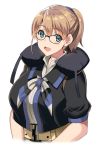  1girl belt bespectacled black-framed_eyewear black_shirt blue_eyes breasts brown_hair glasses grey_neckwear intrepid_(kantai_collection) kantai_collection kyougoku_shin large_breasts looking_at_viewer neck_pillow open_mouth ponytail shirt short_hair simple_background smile solo upper_body white_background 