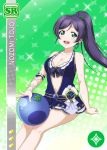  blueberry blush character_name green_eyes long_hair love_live!_school_idol_festival love_live!_school_idol_project ponytail purple_hair smile swimsuit toujou_nozomi 