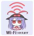  english hat highres kashimu looking_at_viewer nagae_iku purple_hair red_eyes shawl smile touhou translated wifi_symbol 
