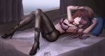  1girl absurdres arm_up armpits ass bangs black_footwear black_legwear blush bra breasts closed_mouth collarbone curtains eyebrows_visible_through_hair girls_frontline hair_ribbon high_heels highres ichikawayan knees_together_feet_apart knees_up large_breasts long_hair looking_at_viewer lying navel necktie on_back on_bed one_side_up pantyhose pillow purple_hair red_eyes red_neckwear ribbon signature smile solo stomach twitter_username underwear underwear_only very_long_hair wa2000_(girls_frontline) window 
