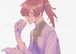  1boy :d commentary_request copyright_name cup fate/grand_order fate_(series) gloves green_eyes grey_background holding holding_cup labcoat male_focus open_mouth orange_hair ponytail romani_archaman simple_background smile solo white_gloves yamakawa 