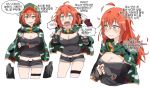  !? 1girl ahoge blush breast_hold breasts camouflage cleavage disembodied_limb embarrassed eyebrows_visible_through_hair fang fingerless_gloves girls_frontline gloves groin hair_between_eyes highres korean korean_commentary ks-23_(girls_frontline) long_hair midriff multiple_views navel orange_eyes orange_hair sharp_teeth short_shorts shorts sidarim solo tank_top teeth thigh_gap translation_request white_background 