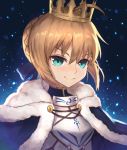  1girl absurdres ahoge aqua_eyes armor artoria_pendragon_(all) bangs blonde_hair blue_background blue_cape blue_ribbon braid breastplate cape closed_mouth commentary_request crown doratama123 eyebrows_visible_through_hair fate/stay_night fate_(series) fur-trimmed_cape fur_trim gradient gradient_background hair_ribbon highres light_particles portrait ribbon saber short_hair sidelocks smile solo 