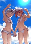  2girls bikini bikini_skirt blue_sky brown_eyes brown_hair closed_eyes clothes_writing clouds commentary_request cowboy_shot day frilled_bikini frilled_skirt frills from_below hand_holding hat kantai_collection looking_at_viewer mu-pyon multiple_girls sailor_bikini sailor_collar sailor_hat shade silver_hair skirt sky sun swimsuit white_bikini white_hat z1_leberecht_maass_(kantai_collection) z3_max_schultz_(kantai_collection) 