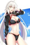  1girl ahoge arikawa_rui bangs bikini black_bikini black_jacket breasts choker cleavage clouds cloudy_sky commentary_request cowboy_shot eyebrows_visible_through_hair fate/grand_order fate_(series) gloves hair_between_eyes highres jacket jeanne_d&#039;arc_(alter_swimsuit_berserker) jeanne_d&#039;arc_(fate)_(all) large_breasts long_hair looking_at_viewer o-ring ocean sky solo swimsuit yellow_eyes 