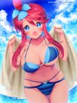  1girl :d beach bikini blue_bikini blue_eyes blue_sky blush breasts cleavage clouds collarbone cowboy_shot creatures_(company) curvy cute day fuuro_(pokemon) game_freak gluteal_fold groin gym_leader hair_bun hair_ornament happy highres large_breasts long_hair looking_at_viewer naoto_(yandereheaven) navel nintendo ocean open_mouth outdoors pokemon pokemon_(game) pokemon_bw redhead sidelocks signature skindentation sky smile solo sparkle stomach string_bikini swimsuit thigh_gap towel under_boob wide_hips 