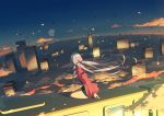  1girl above_clouds absurdres ahoge black_shorts blue_sky building clouds crescent_moon facing_away fantasy from_behind highres jacket long_sleeves moon open_clothes open_jacket quad_tails red_jacket shorts sitting sky skyscraper soles solo streetcar tomato_(lsj44867) vocaloid vocanese xingchen 