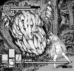  1girl character_request dark_souls facing_away forest from_behind greyscale hamada_yoshikazu health_bar legs_apart long_sleeves monochrome monster nature parody pleated_skirt short_hair skirt souls_(from_software) standing tree tsugumomo video_game 