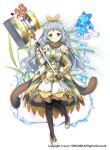  1girl acorn armor armored_dress black_gloves black_legwear blue_eyes bow brown_scarf chipmunk closed_mouth creature flower flower_knight_girl full_body gloves grey_hair hair_bow hammer holding holding_weapon hordeum_(flower_knight_girl) kurot long_hair looking_at_viewer object_namesake official_art pantyhose scarf shoes simple_background smile solo squirrel standing standing_on_one_leg water weapon white_background white_footwear yellow_bow 